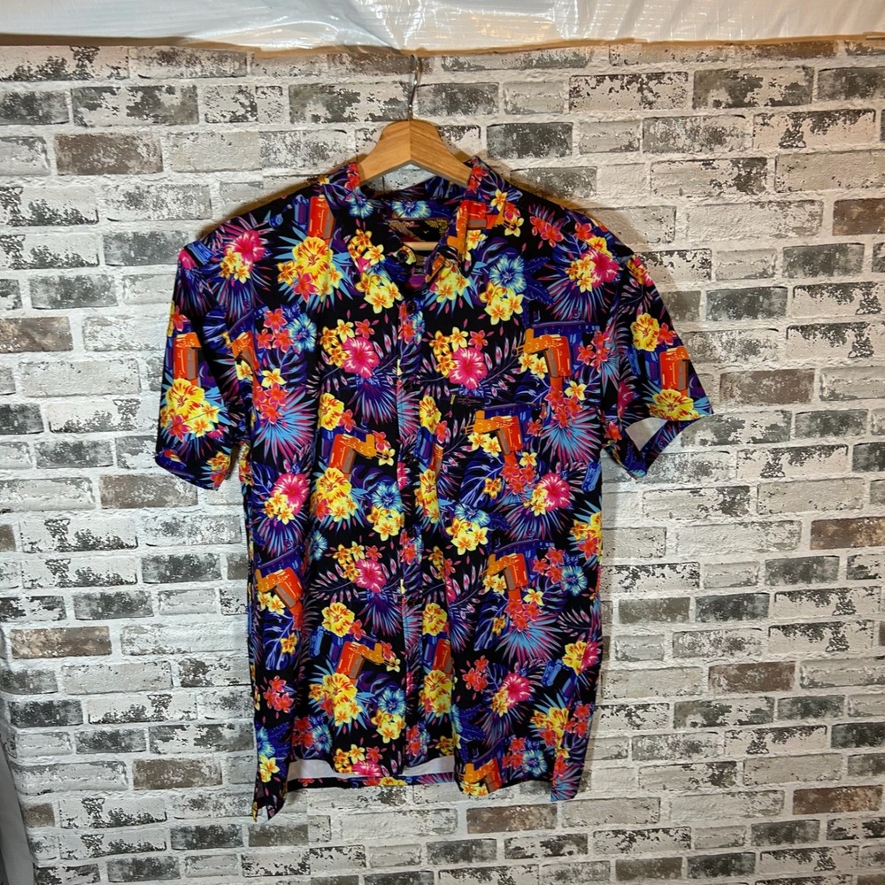 Retro Rifle Blue Vector Mens Large Floral Print Button Down Shirt NWT